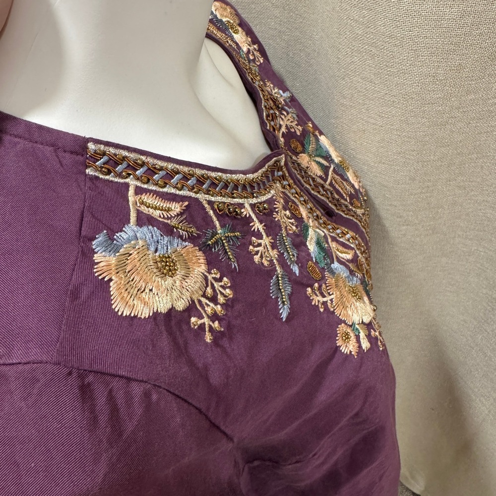 Bohemian Embroidered‎ Tunic Top with Beaded Neckline – Purple – Women's Medium - Picture 4 of 9